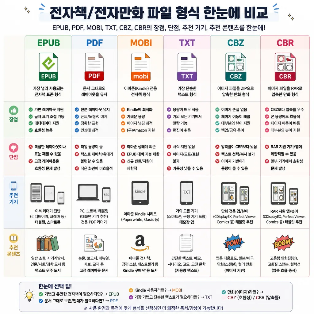 전자책 포맷 비교표 인포그래픽