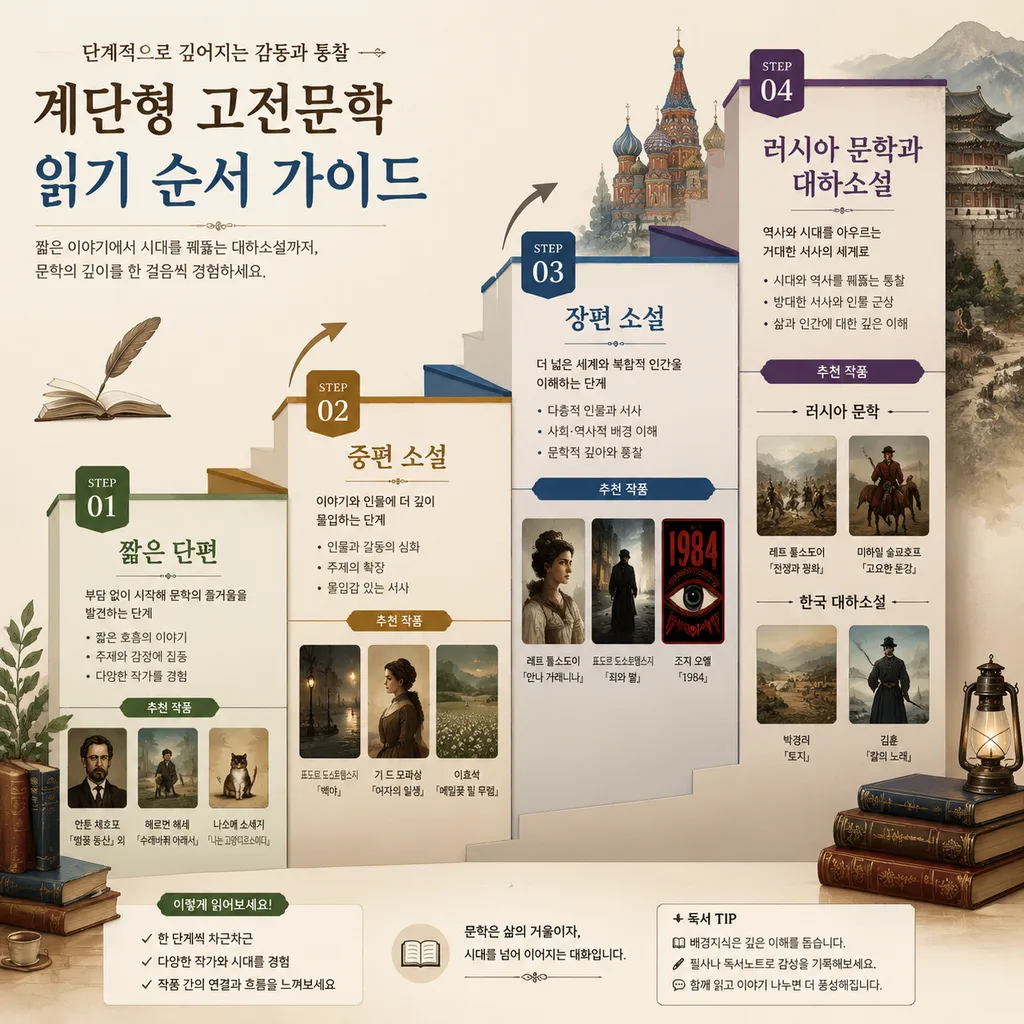 난이도별 고전문학 읽는 순서 인포그래픽