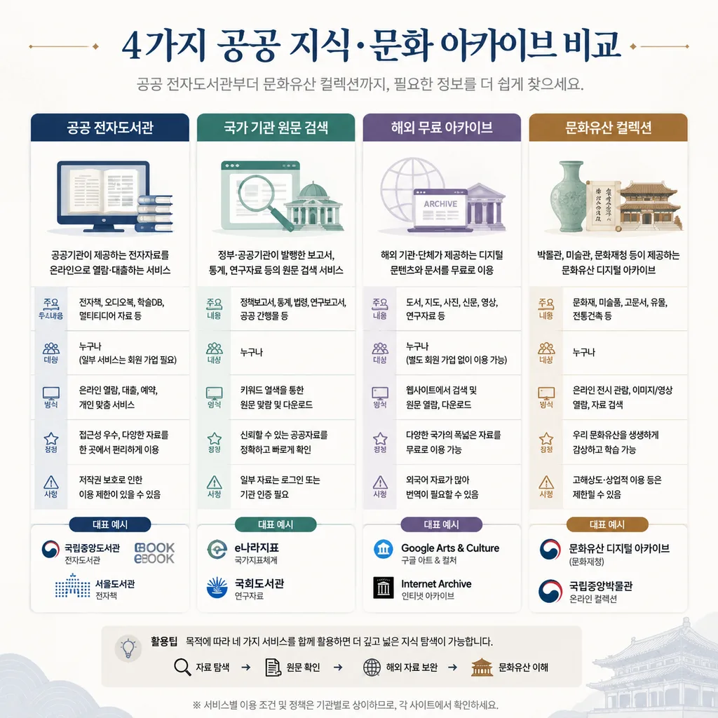 디지털 도서관 유형 비교 인포그래픽