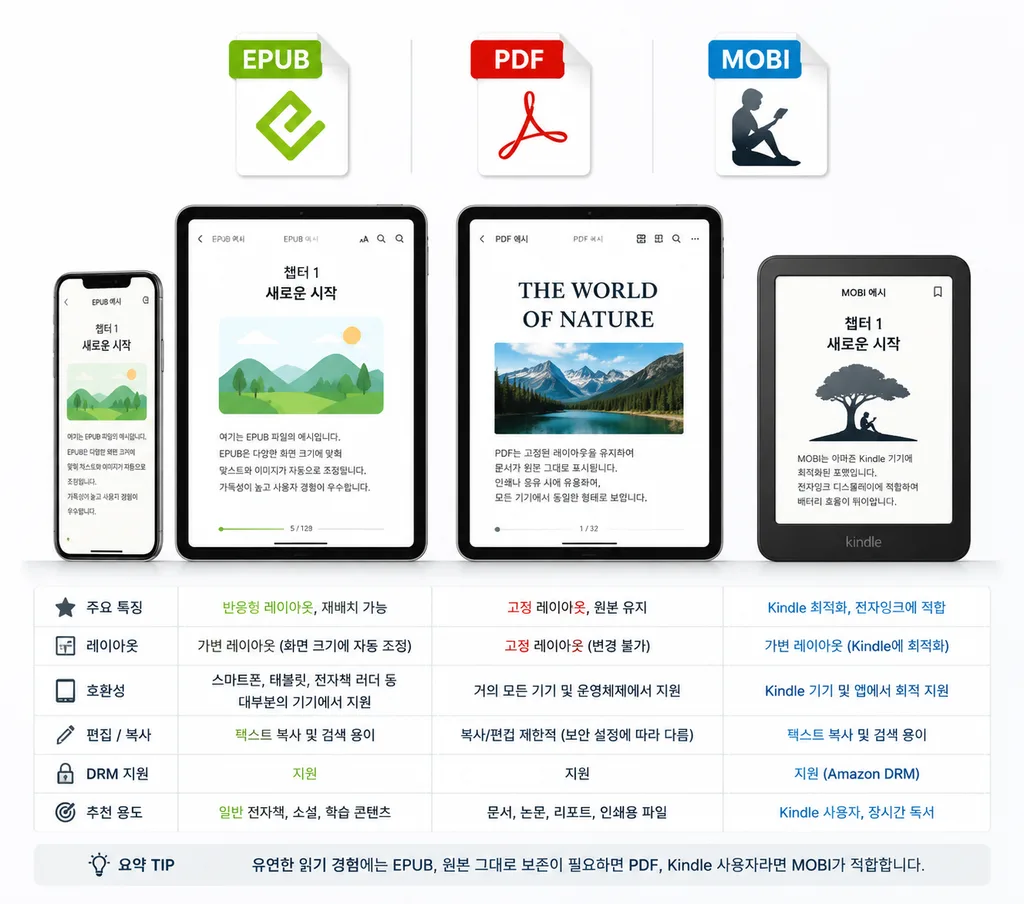 전자책 포맷 EPUB PDF MOBI 비교