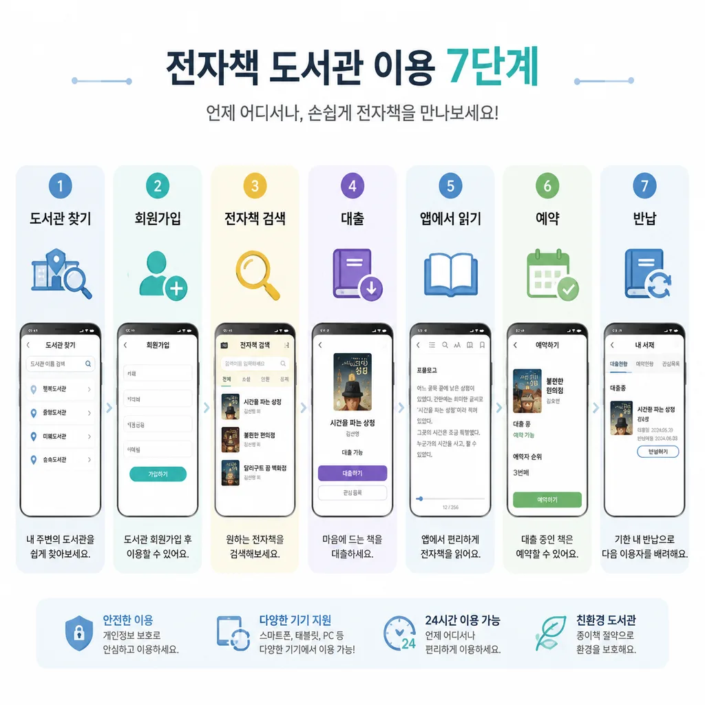 디지털 도서관 전자책 대출 방법 단계별 흐름도
