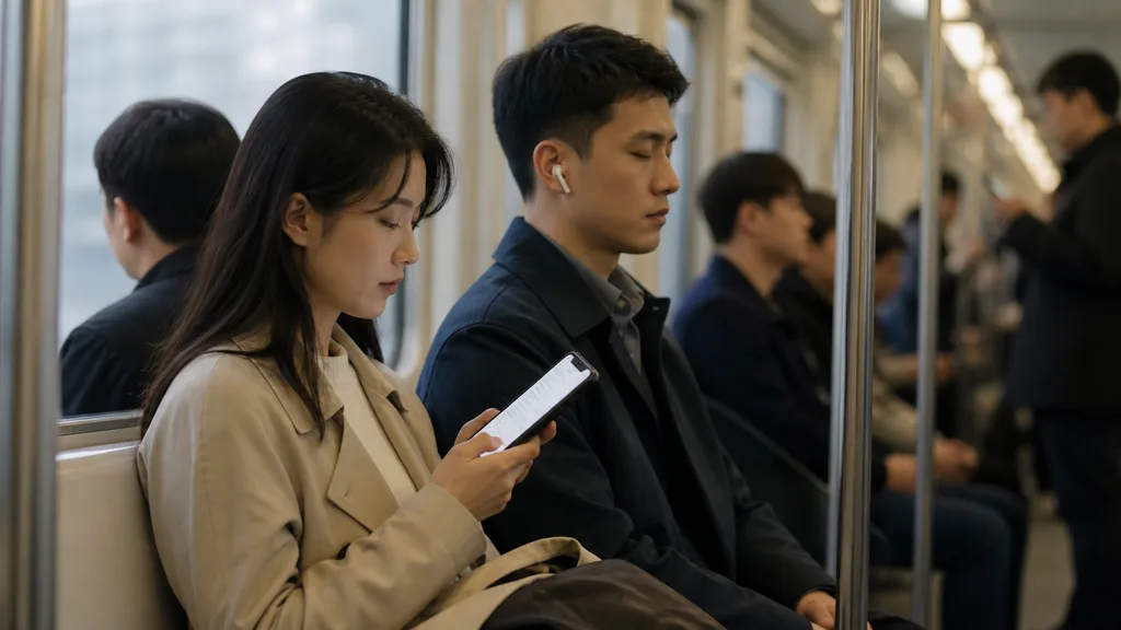 출퇴근길에 스마트폰으로 전자책을 읽고 이어폰으로 오디오북을 듣는 모습